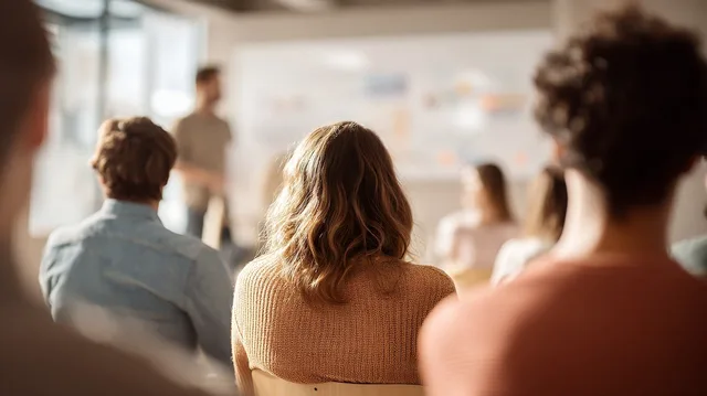 presentation, office, meeting, people, listener, speaker, corporate, teamwork, light, chair, blur, focus, seminar, communication, lecture, strategic, professional, gender neutral, chorus, employees. Kompetenceudvikling efter MUS: Sådan følger I op